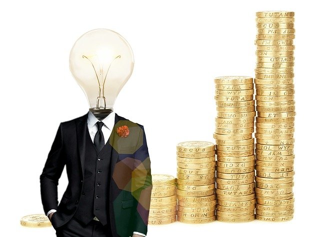 Lightbulb head, black tuxedo, gold coins